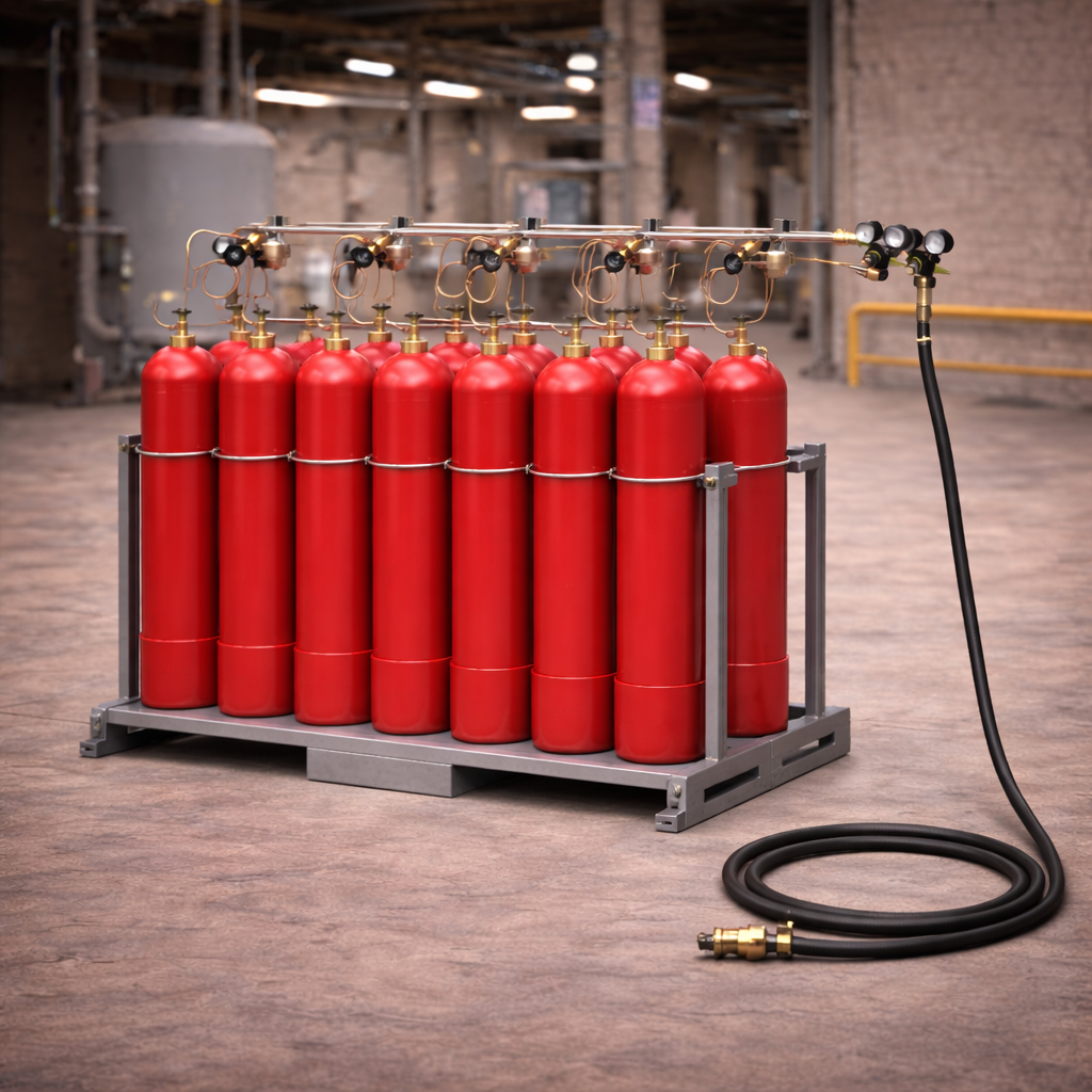 Разрядная газовая рампа с рядом красных газовых баллонов одного цвета, установленных на металлической напольной раме и подключённых к распределительному коллектору с медными трубками, редукторами, манометрами и гибким газовым шлангом в промышленном помеще