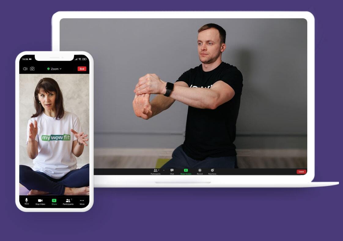 Man doing wrist rehab exercises online with personal trainer