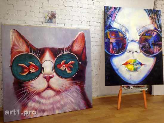 кот в очках, картина маслом