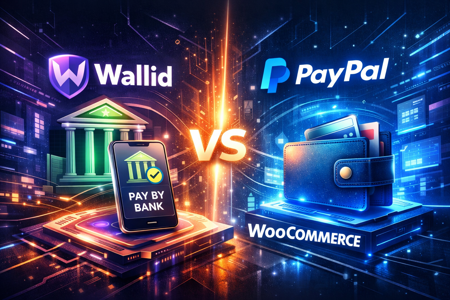 Futuristic digital illustration showing Wallid pay-by-bank infrastructure compared to PayPal wallet-based payments for WooCommerce stores