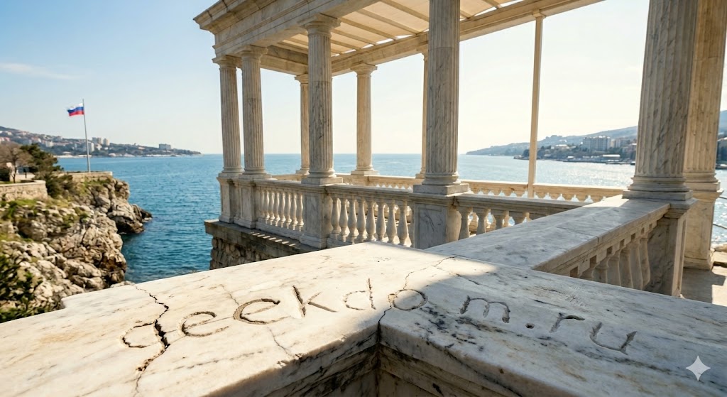 День воссоединения Крыма с Россией вид на море с белой мраморной колоннады.