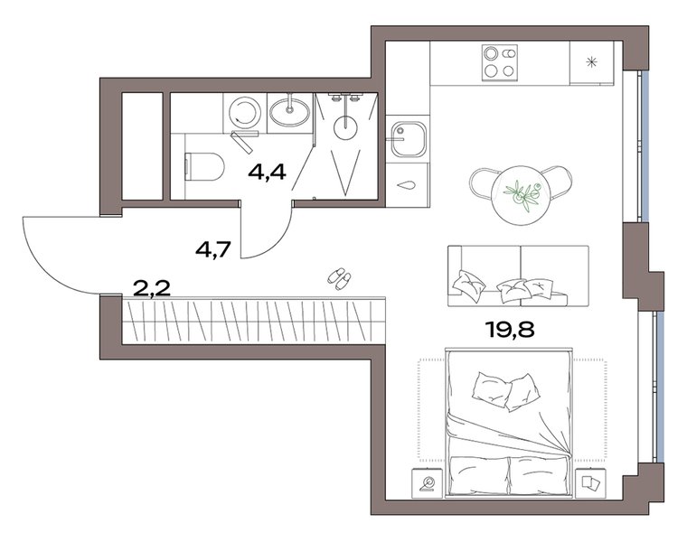 Планировка: студия 29,6 м² в ЖК «Акценты», корпус 12, 6-й этаж