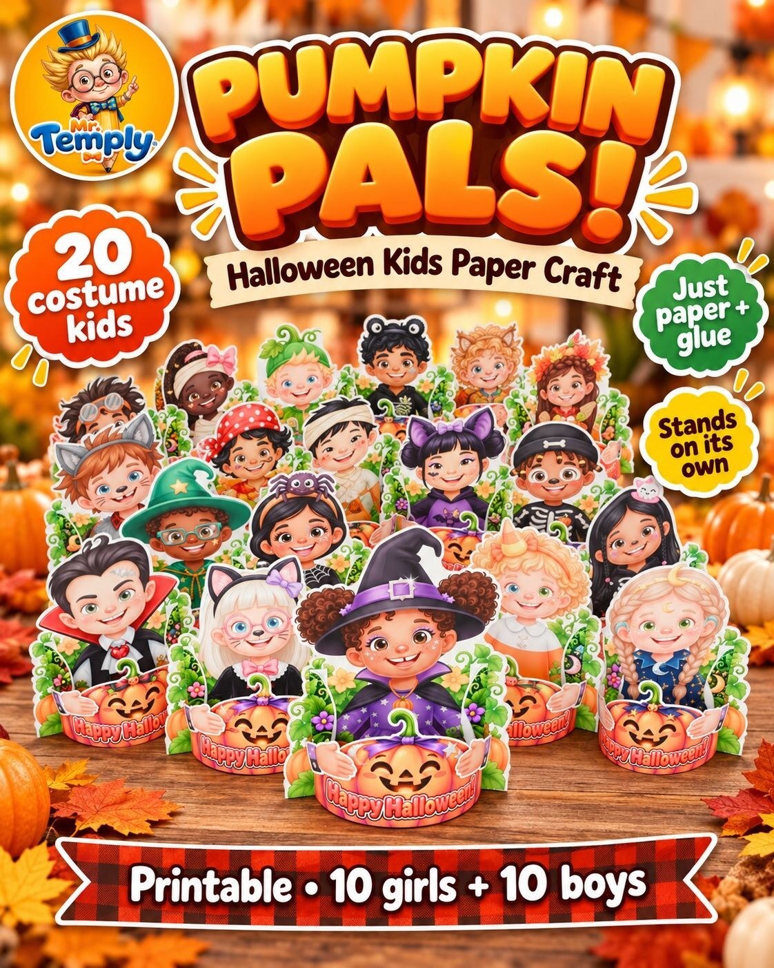 Pumpkin Pals Halloween paper craft: 20 printable costume kids hugging jack-o'-lanterns