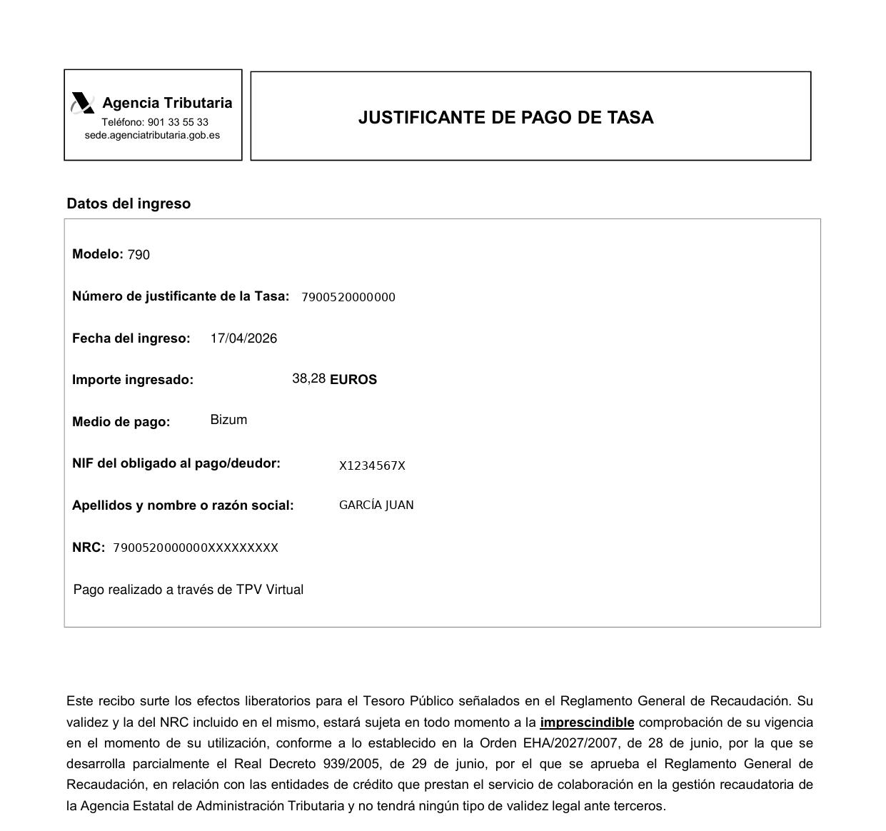 Ejemplo de justificante de pago de la tasa 790-052