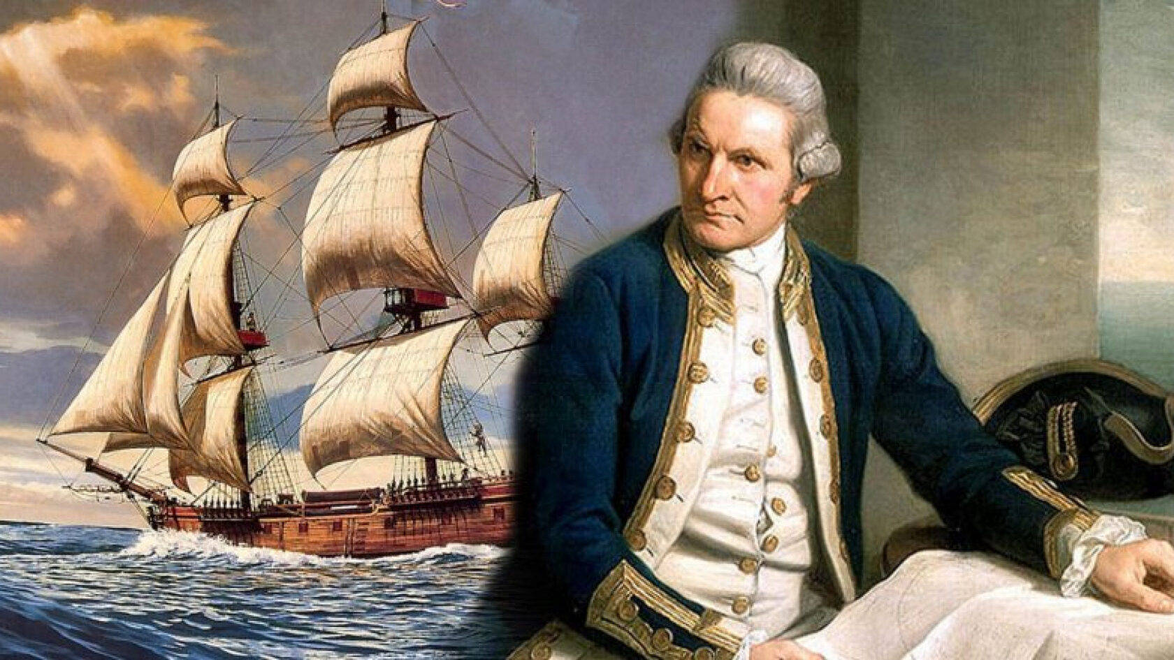 Мореплаватель на фоне парусного корабля во время морской экспедиции