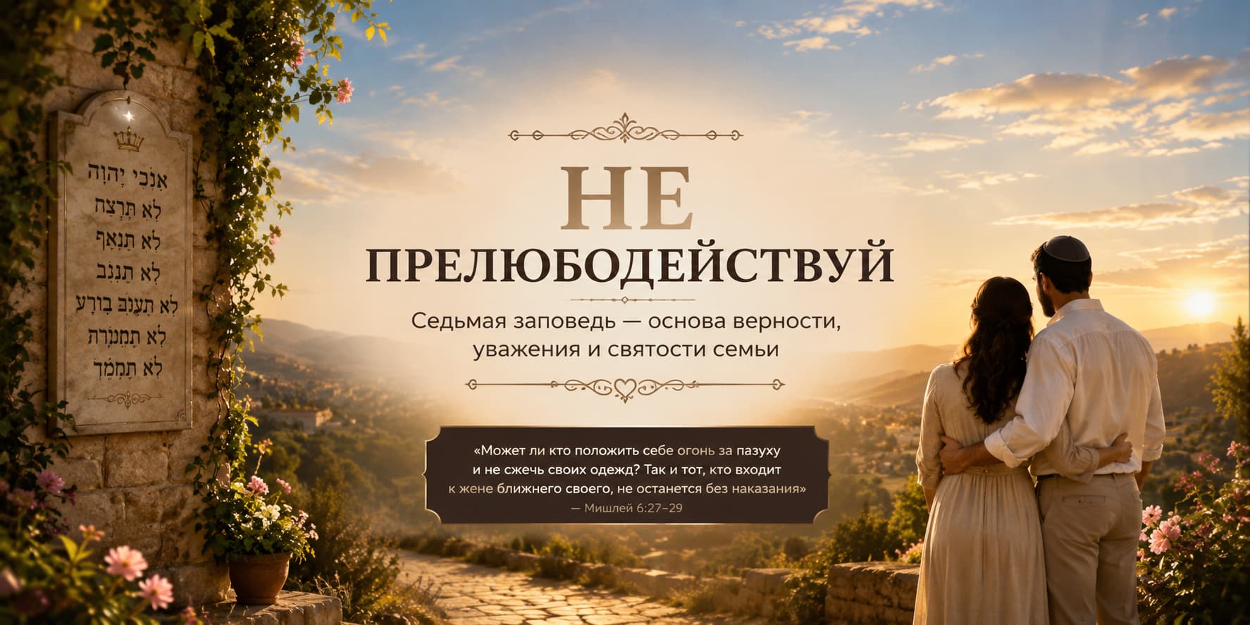 Иллюстрация к седьмой заповеди Торы «Не прелюбодействуй». Супружеская пара на фоне заката символизирует верность, любовь, доверие и святость брака. Изображение раскрывает духовный смысл заповеди, защищающей семейные ценности и нравственные основы общества