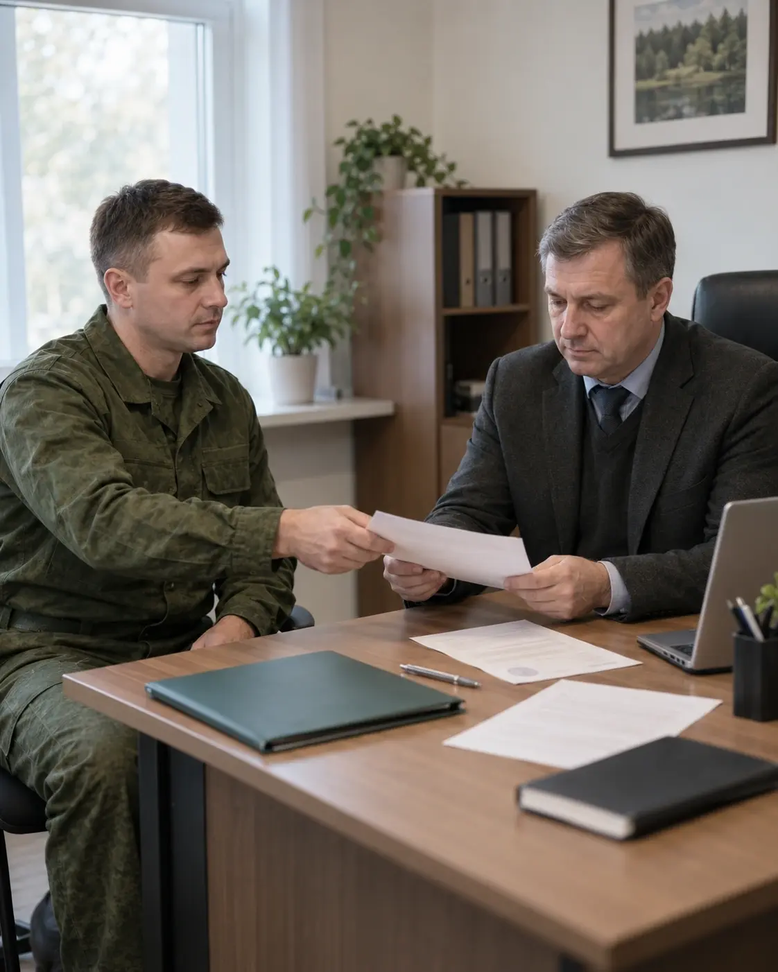 Сотрудник передает кадровому специалисту документы для приостановления трудового договора