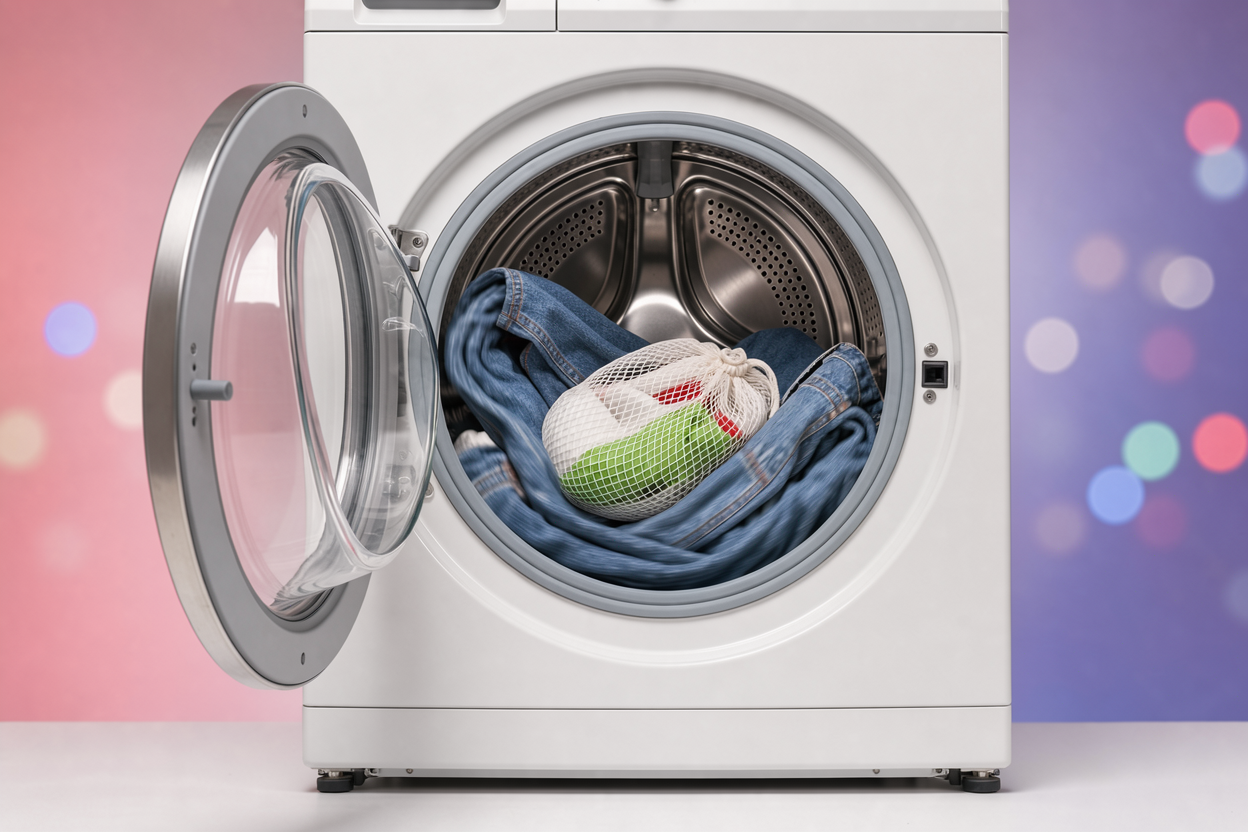 Open washing machine drum with a small load of denim and a white mesh laundry bag visible, no brand markings, focus on motion and gentle tumble