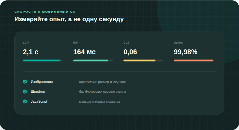 Скорость оценивают по реальным пользователям: загрузке основного контента, отклику и стабильности макета.