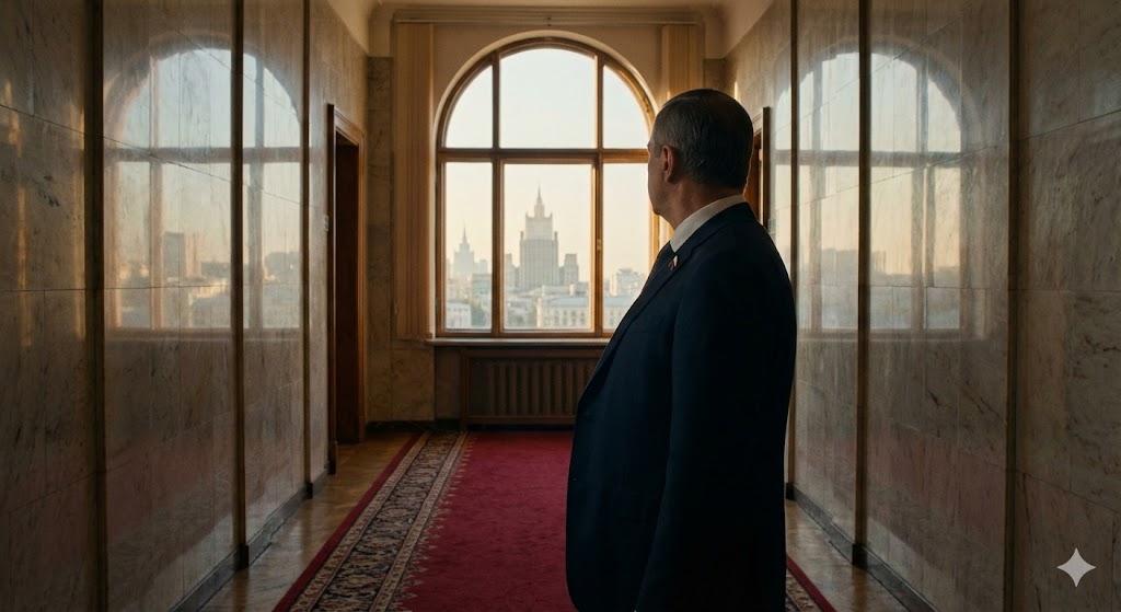 Дипломат в здании МИД РФ смотрит в окно, атмосфера праздника