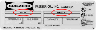 Locate the serial number and model number on the Sub-Zero sticker