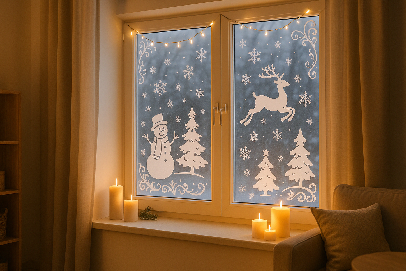 Оформление окон к Новому году: гирлянды, трафареты, роспись, вытынанки