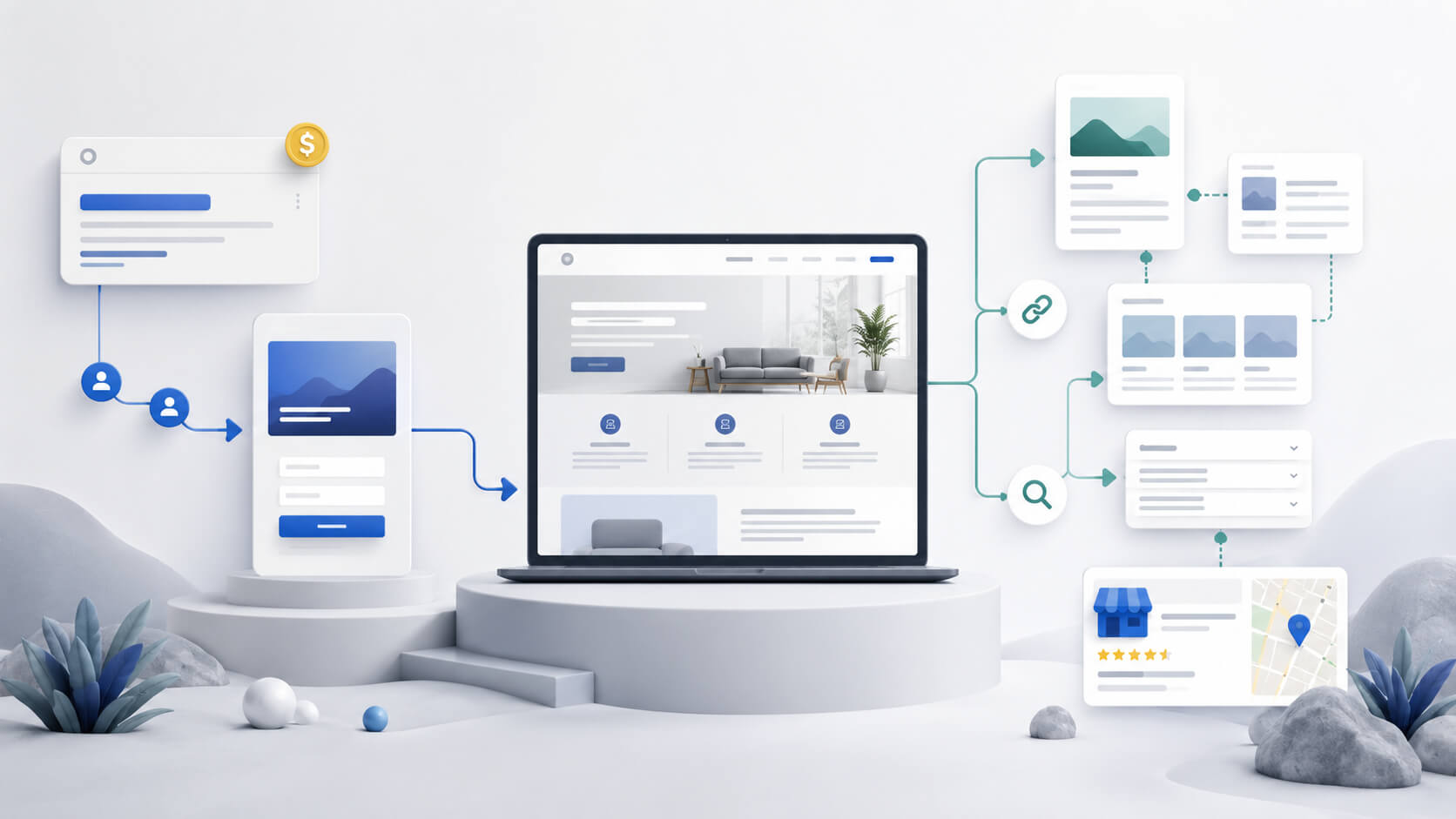 Abstract website marketing concept comparing Google Ads traffic and organic growth with a clear website structure in the middle.