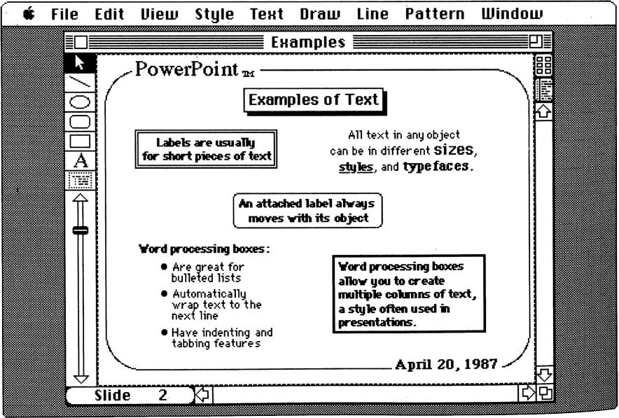 работа с текстов в PowerPoint 1987