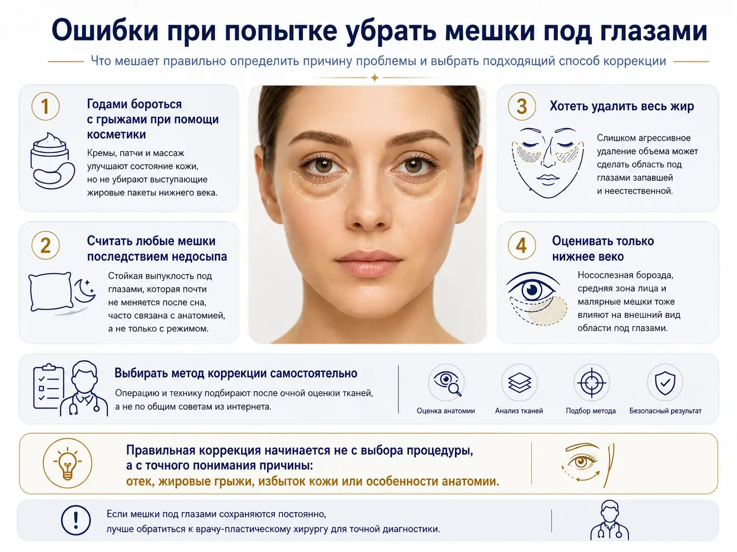 Ошибки при попытке убрать мешки под глазами - неправильные методы коррекции