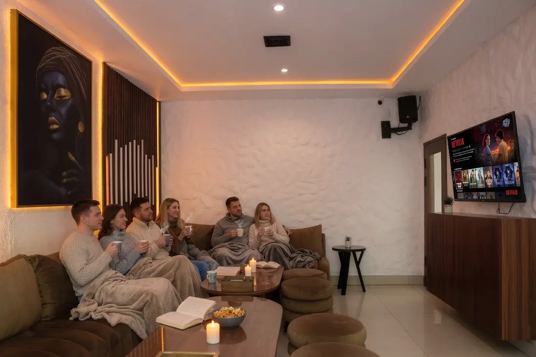 Friends getting cozy with blankets and warm drinks in the private room at Eden Hookah Club Seminyak, a top choice when deciding where to watch a movie in Bali.