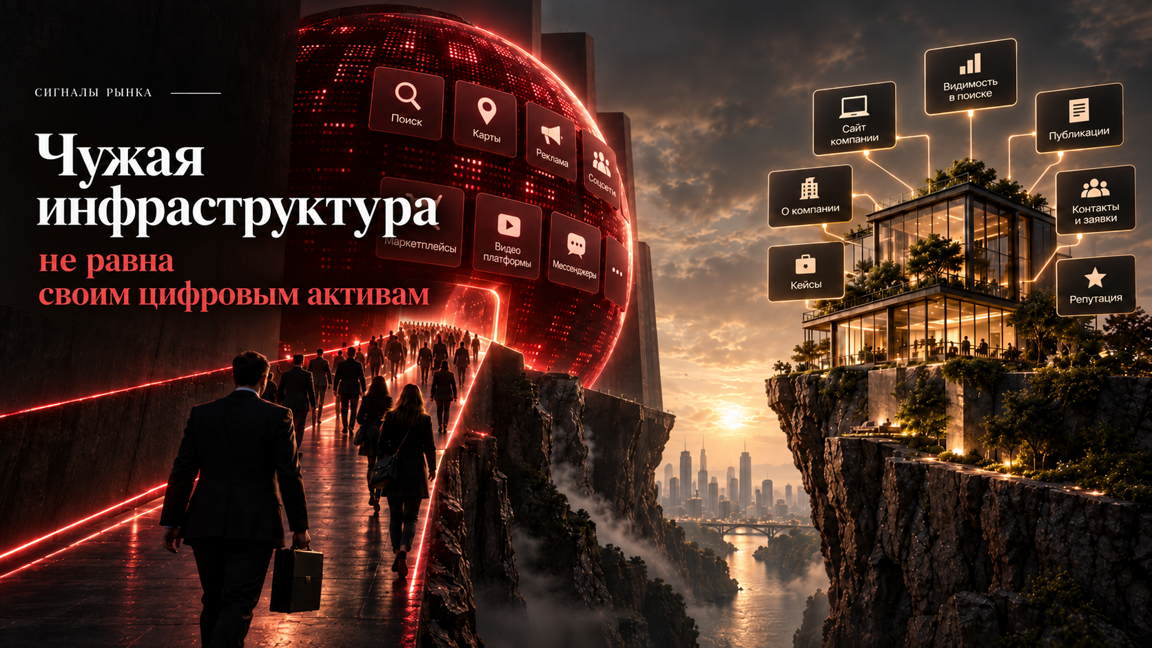 Чужая цифровая инфраструктура и собственные активы бизнеса — визуальная метафора зависимости от платформ