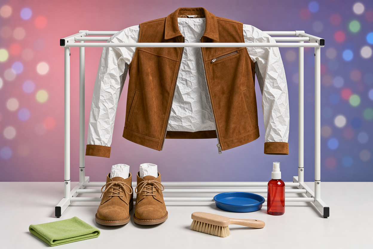 Air-drying suede jacket and shoes on a drying rack indoors, stuffed with paper to keep shape, soft brush nearby, no visible brands