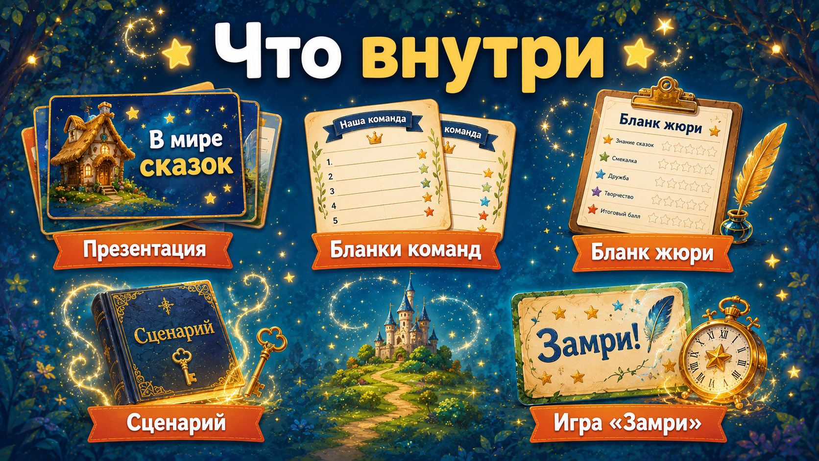 Состав готовой игры Собери сказку: презентация, сценарий и бланки