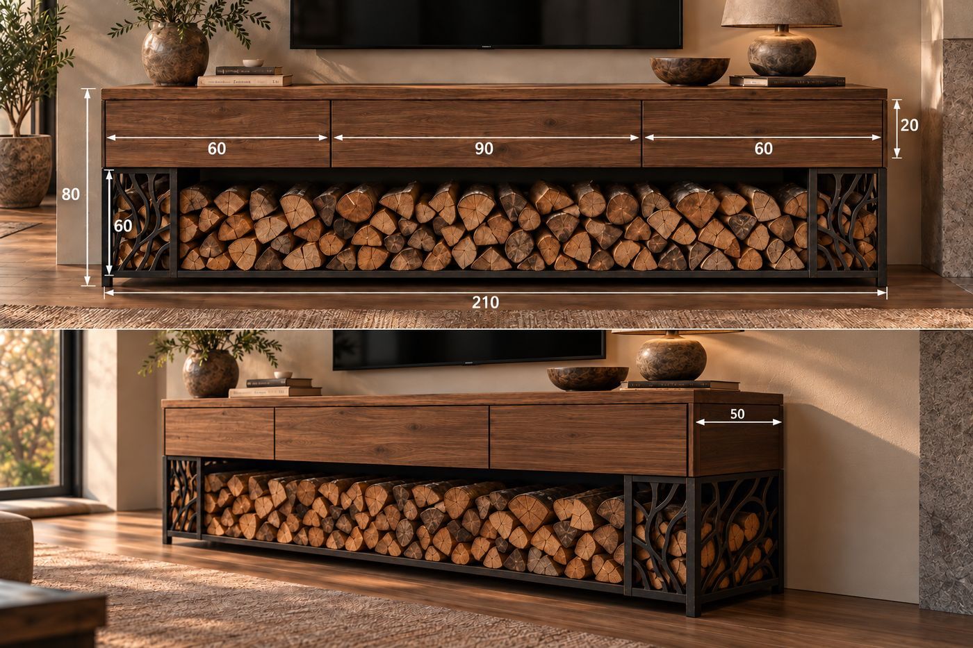 ТВ-тумба с дровницей, 210 × 80 см
