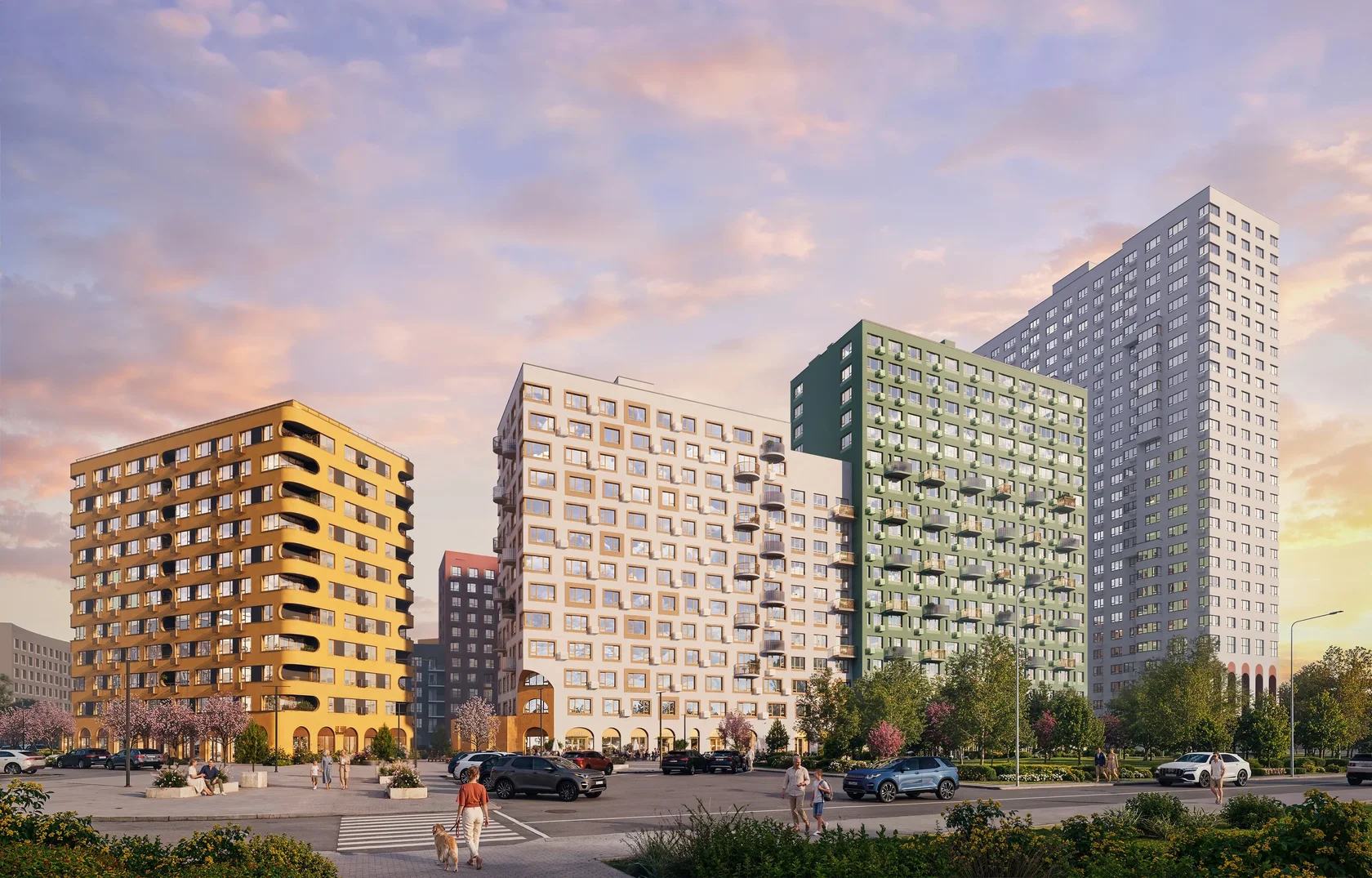 Colourful buildings at sunset