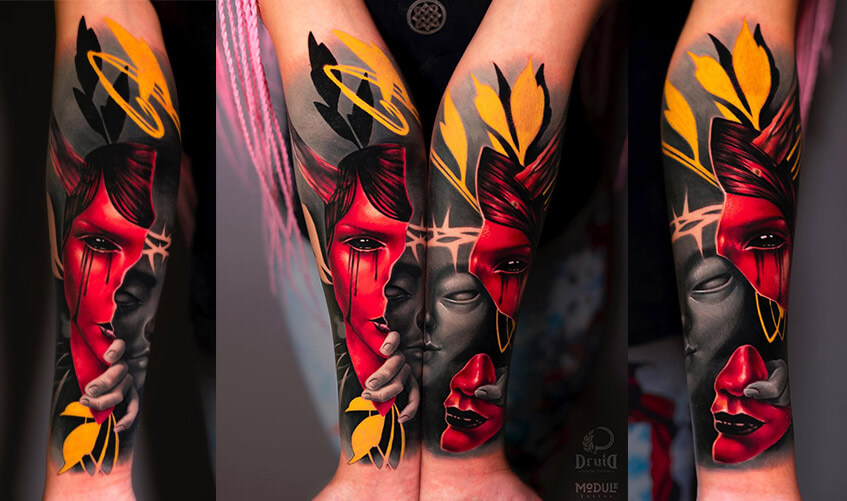 A tattoo composition on the arms: a combination of red, black, and yellow. The design features elements of devil woman and alien masks, dark aesthetics, and graphic halos, creating a unified image when the hands are brought together. Collaboration between Rinat Tatarin Mingazdinov and Tatiana Green Vesper, Los Angeles, West Hollywood.