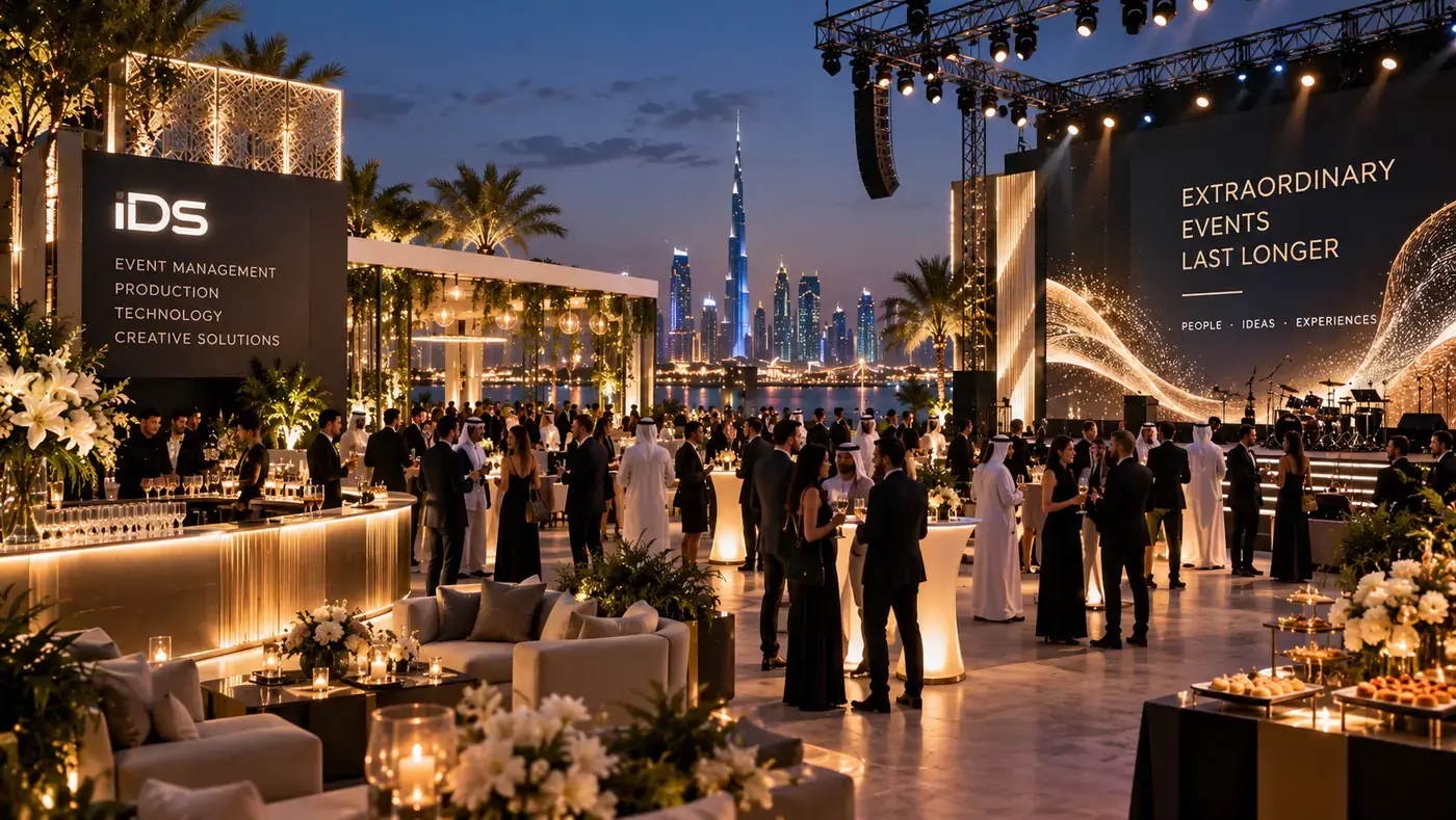 Premium rooftop corporate event at dusk with stage, LED screen and lounge areas overlooking the Dubai skyline