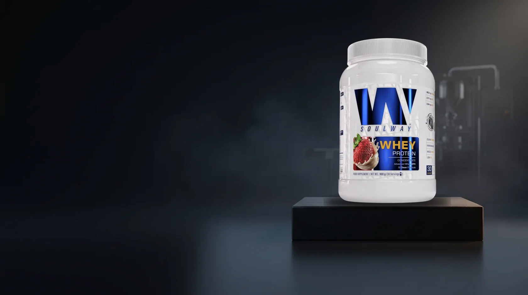 Soul Way Whey Protein strawberry 900 g jar on a podium, with plant equipment silhouettes behind it