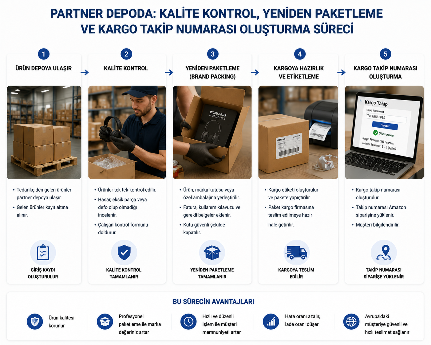 Partner depoda kalite kontrol yeniden paketleme ve kargo takip numarası oluşturma süreci