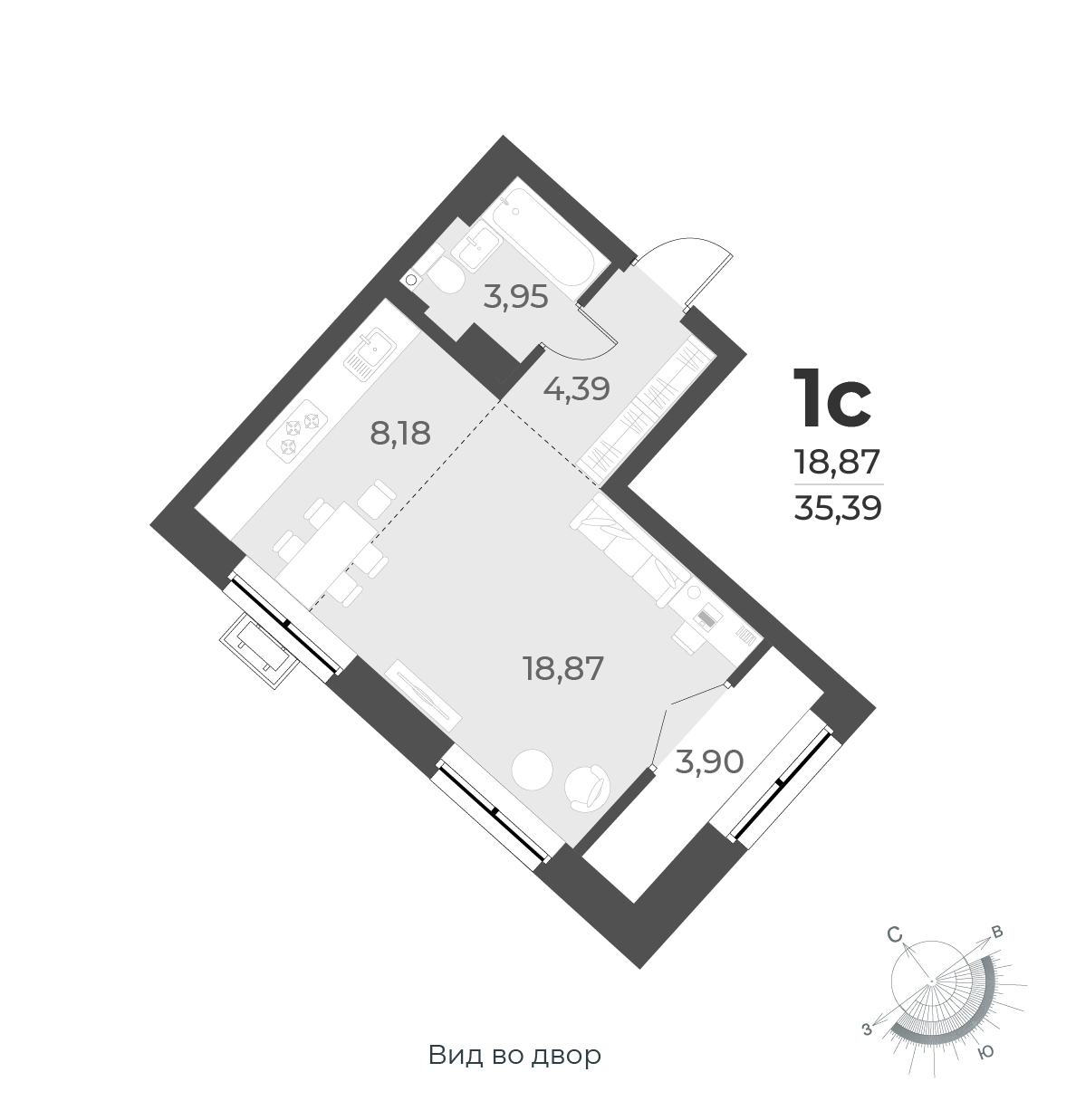 Планировка студии 35.39 м²