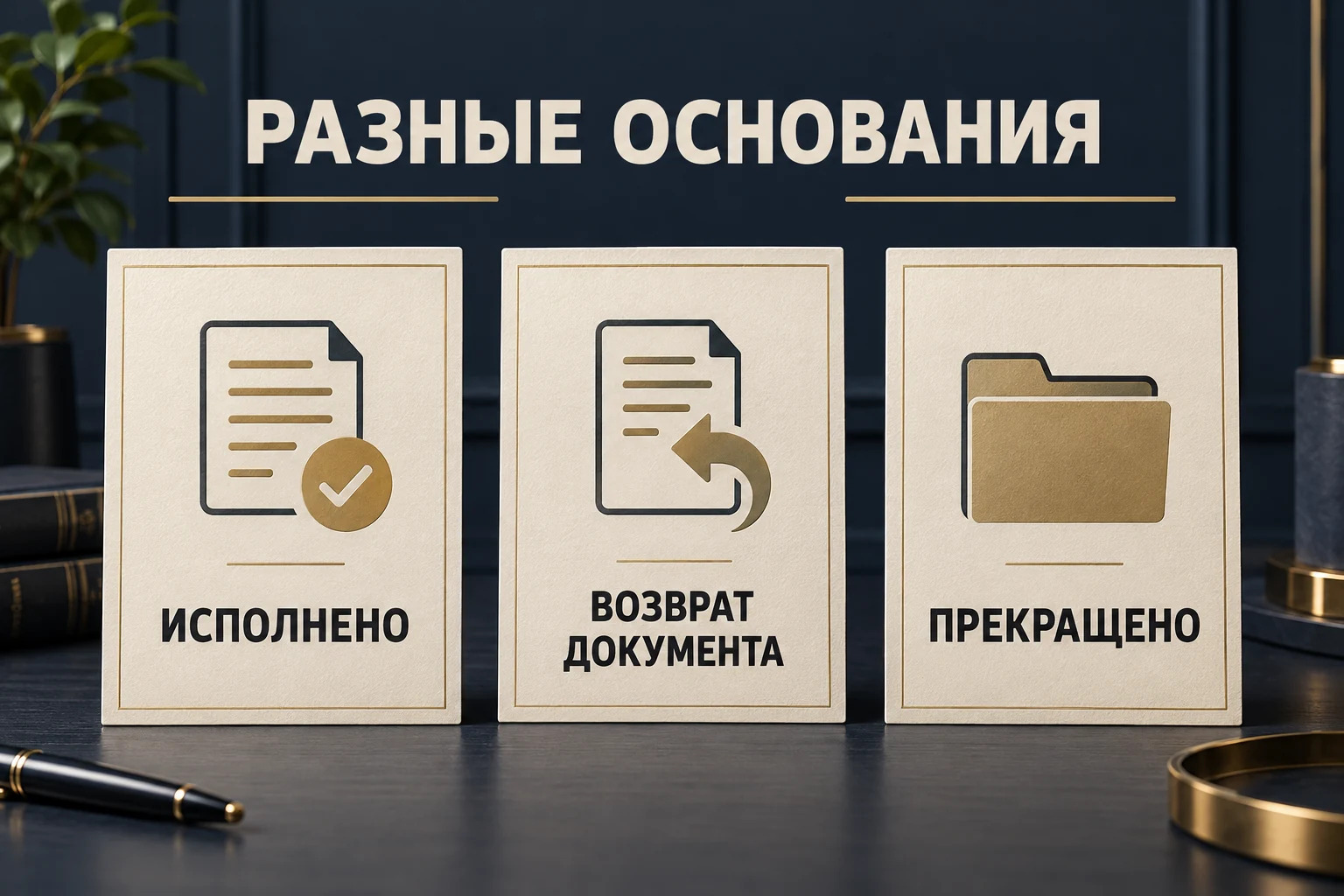 Три отдельные карточки: исполнено, возврат документа, прекращено