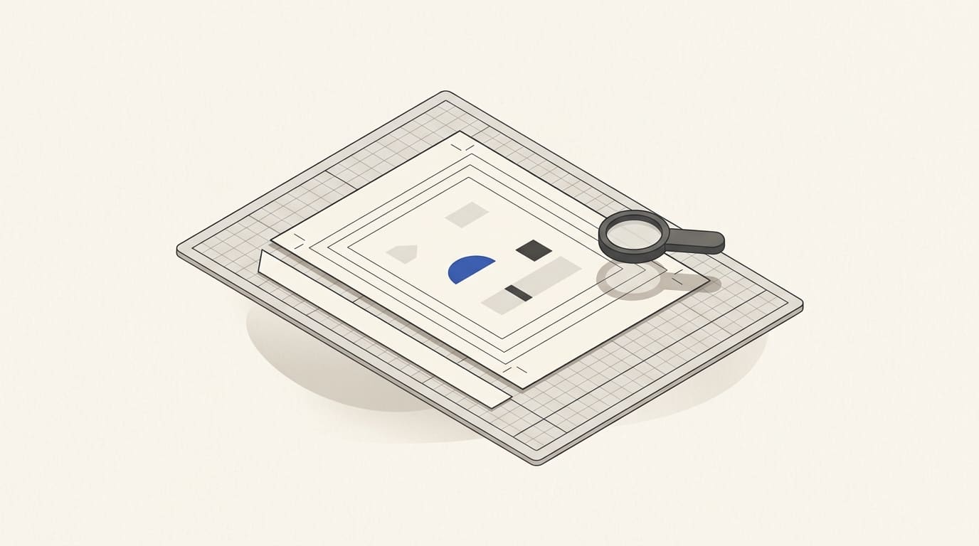 A print sheet with inner safe-area and outer bleed guides rests on a mat beside an offcut and magnifying lens.