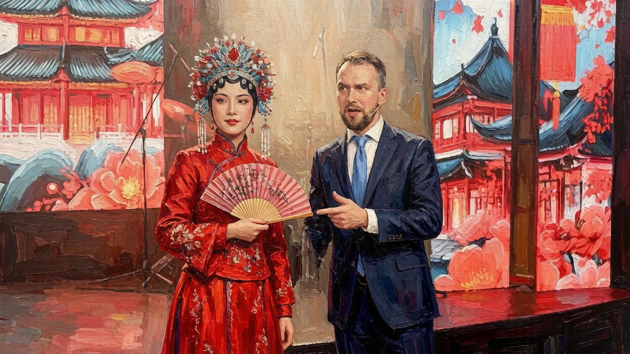 Артистка в традиционном костюме и мужчина на фоне китайской архитектуры