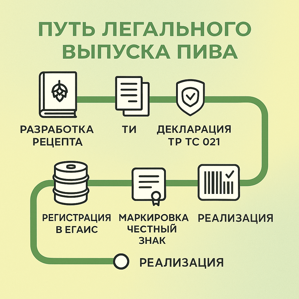 Инфографика показывает ключевые шаги для легального выпуска пива в России: от рецепта до Честного знака и ЕГАИС. Удобно и наглядно для пивоваров.