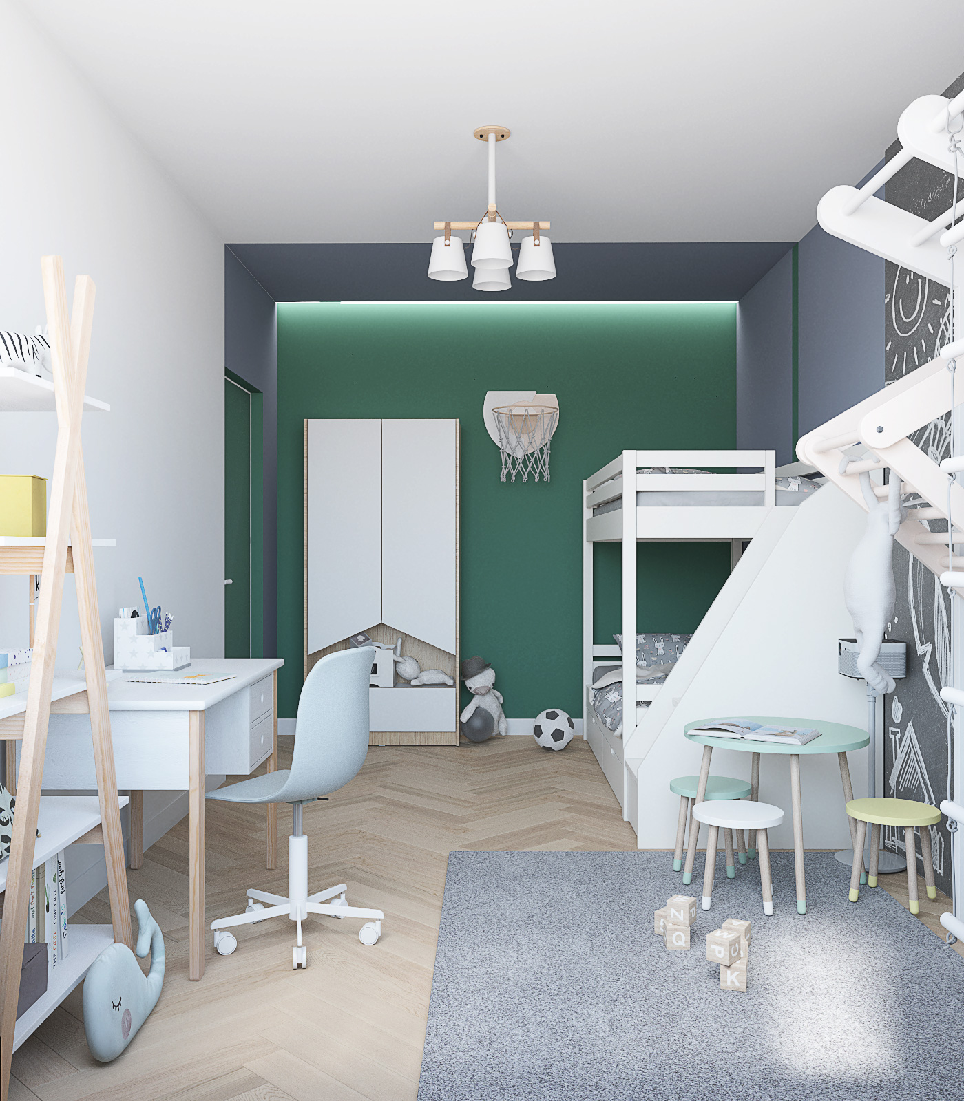 Детская для мальчиков с двухъярусной кроватью. Рабочий детский стол. Синие и зеленые стены в детской. 