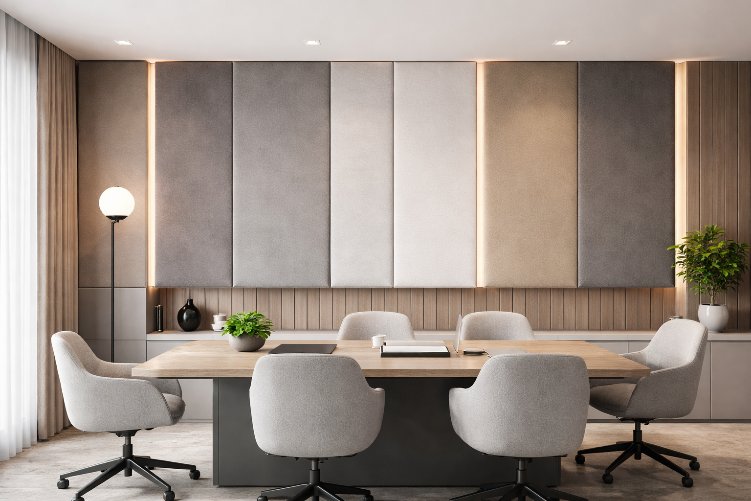 Современный офис с мягкими стеновыми панелями, акустическая отделка стен в переговорной, дизайнерский интерьер с деревянными рейками и подсветкой.