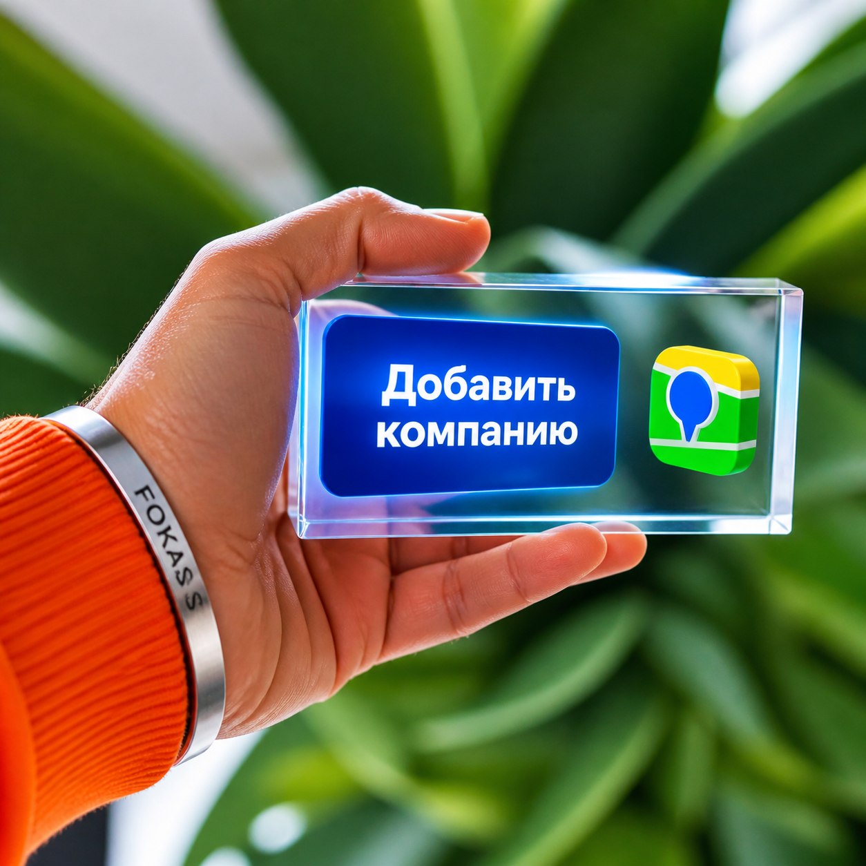 Макро-съёмка руки с акриловым блоком и голограммой добавить компанию