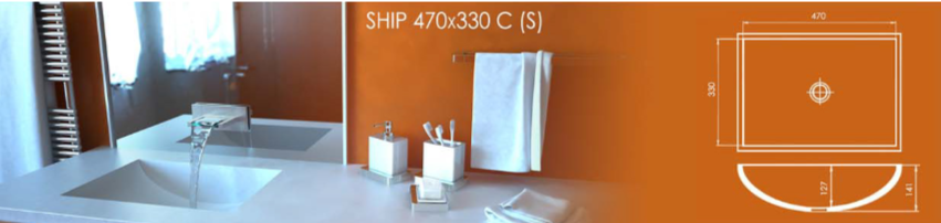 Интегрированная раковина SHIP 470x330 C (S) из акрилового камня, размеры: ширина 470 мм, глубина 330 мм, высота борта 143 мм. Схема параметров и монтажа