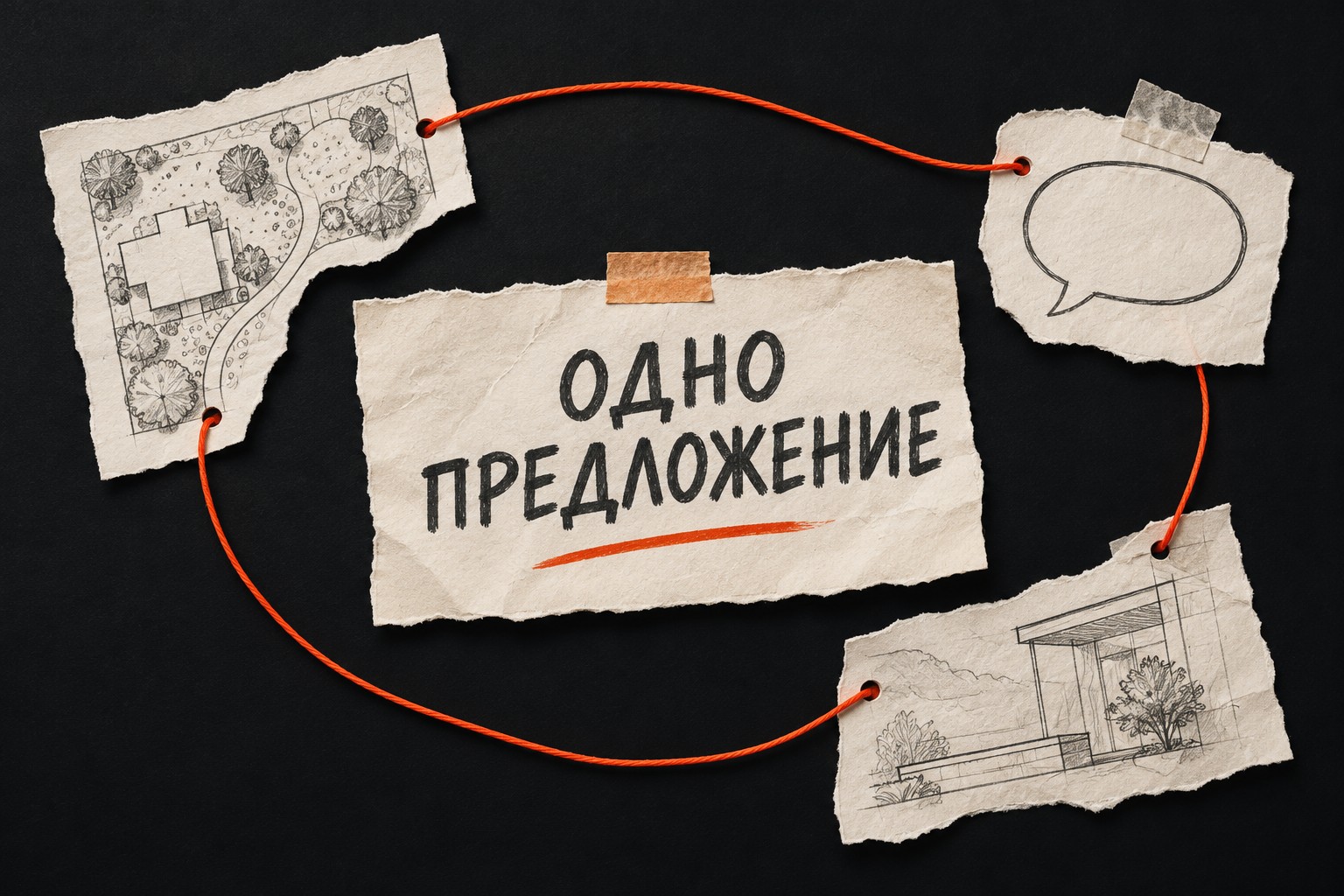 Три фрагмента публикаций — эскиз участка, речевое облако и план пространства — соединены оранжевой нитью вокруг записки «Одно предложение».