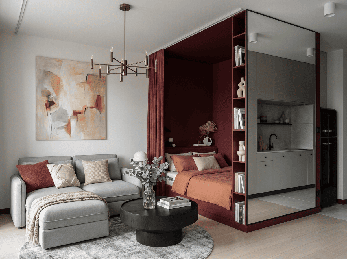 Ремонт однокомнатной квартиры-студии в Москве: зонирование гостиной и спальни стеклянными перегородками, современный дизайн