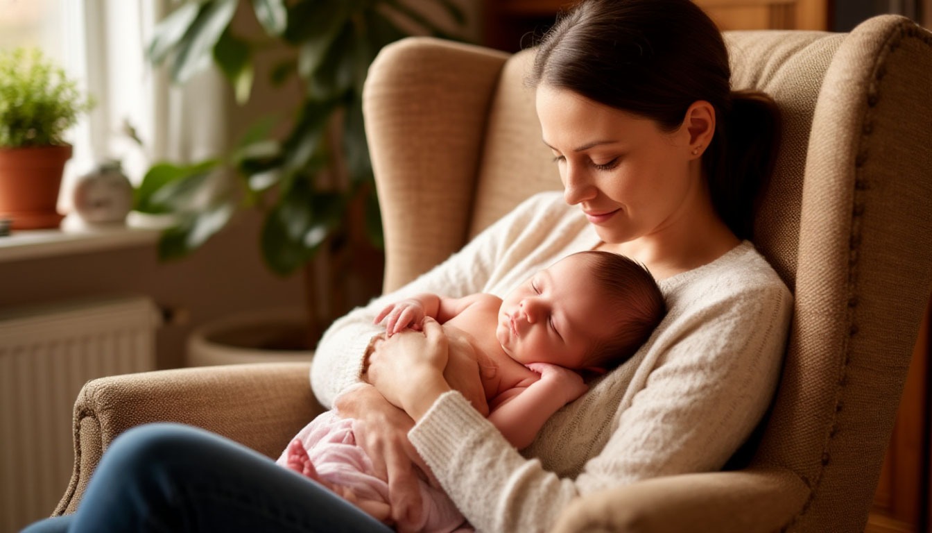 женщина держит на руках младенца,сидит в уютном кресле