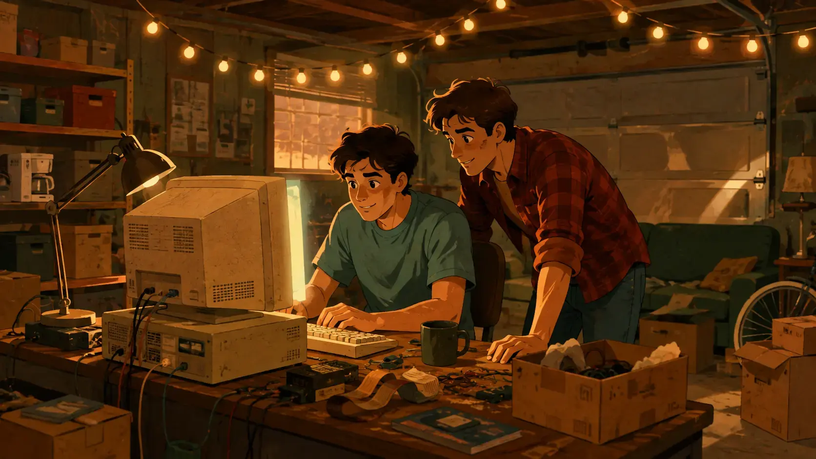 Two startup founders working in a 1990s garage with an old CRT computer, representing the early history of startup naming