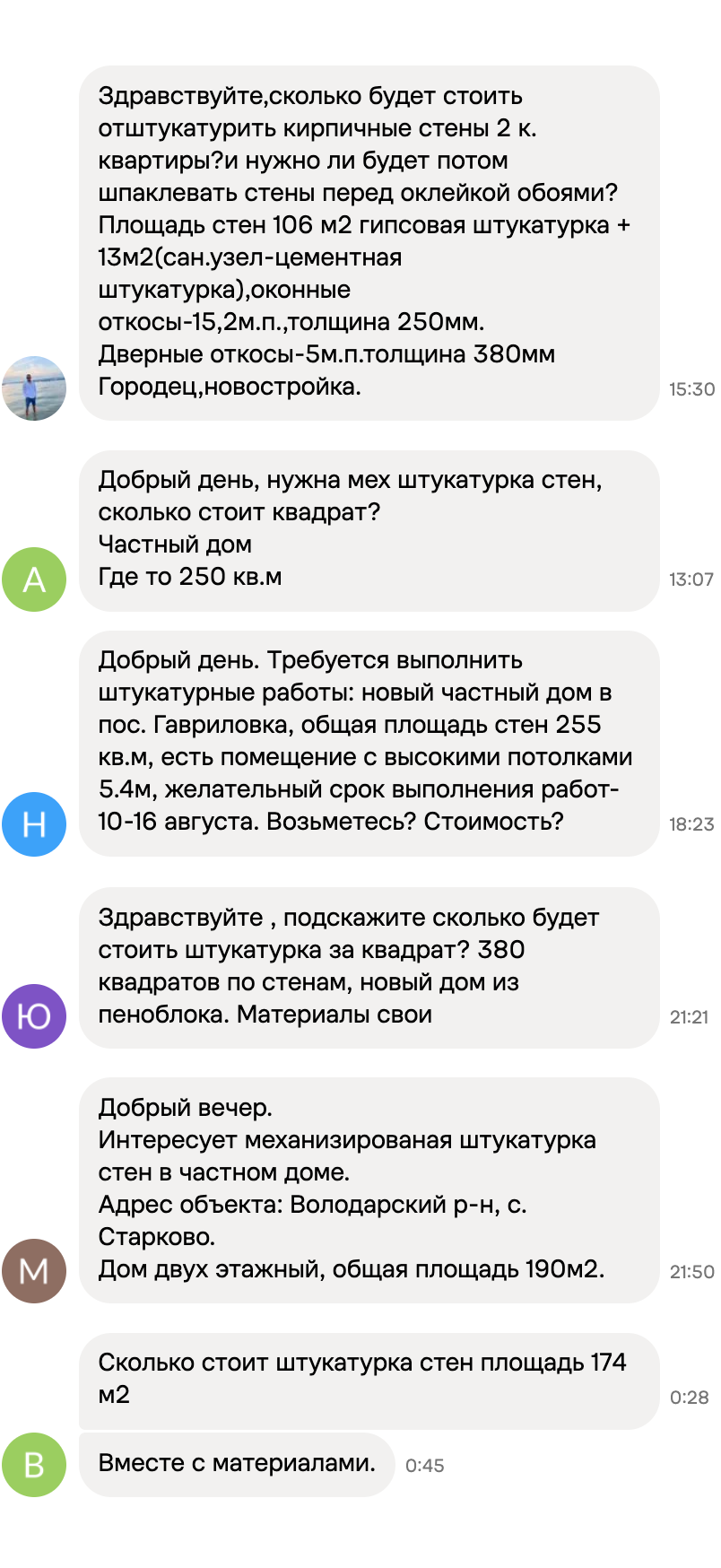Заявки с объявлений на Авито: штукатурка коттеджей