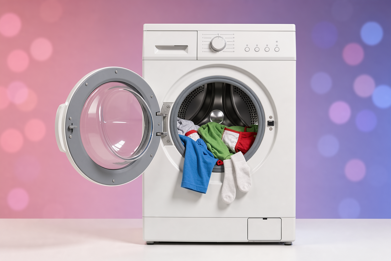 A front-loading washing machine with the door open showing assorted clothing including t-shirts, underwear and socks inside, no brand labels or detergents visible