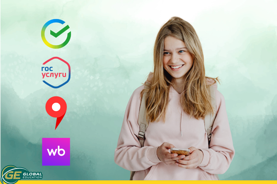 Rusya'da mobil uygulamalar kullanan uluslararası öğrenci: Yandex Maps, Yandex Go, SberBank Online, Gosuslugi, Wildberries ve Ozon