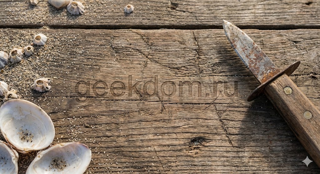 Атмосфера рыбного ресторана с деревянным столом и ракушками