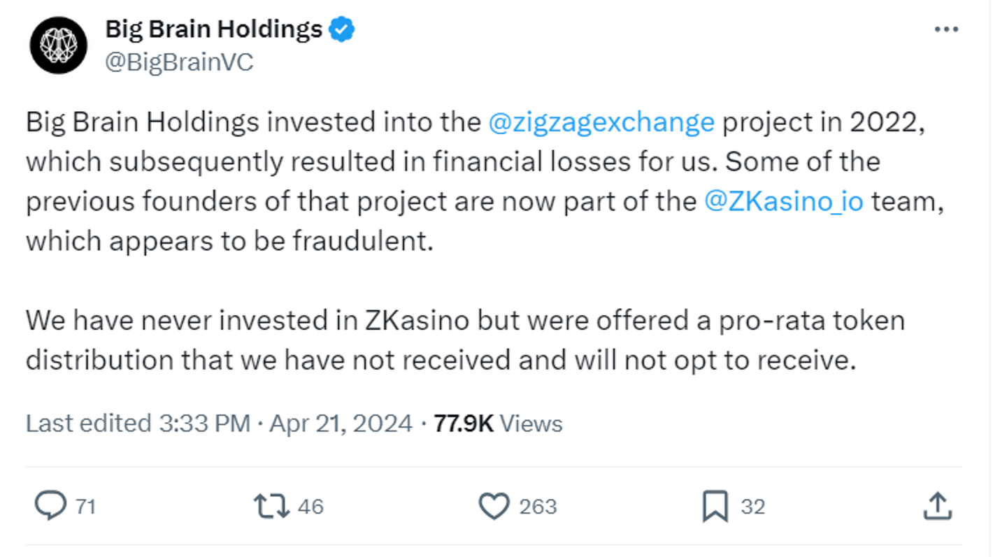 Blockchain casino ZKasino was accused of stealing user funds worth $33  million