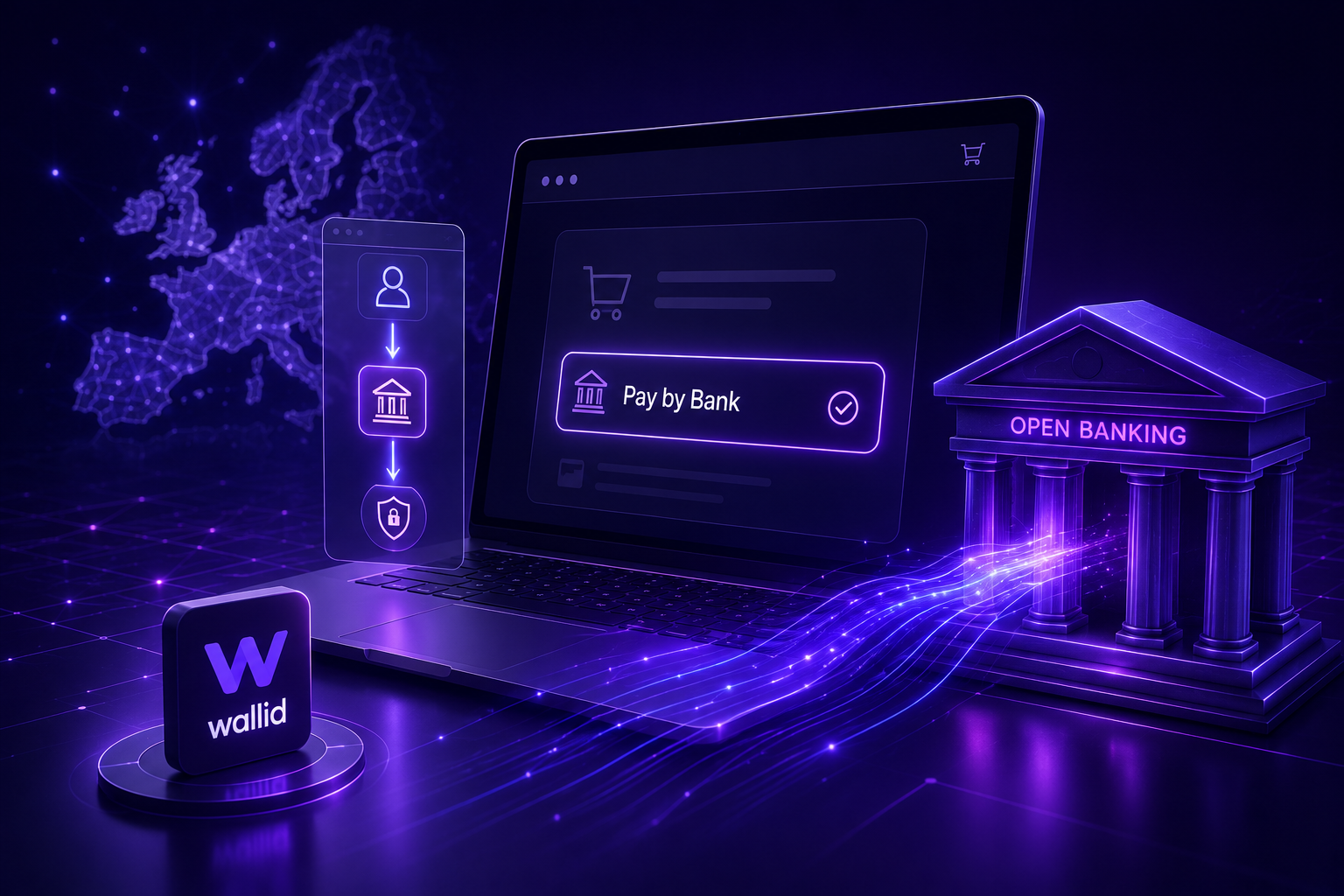 Futuristic illustration of a custom website accepting Pay by Bank payments through Open Banking using Wallid on a modern digital payment interface.