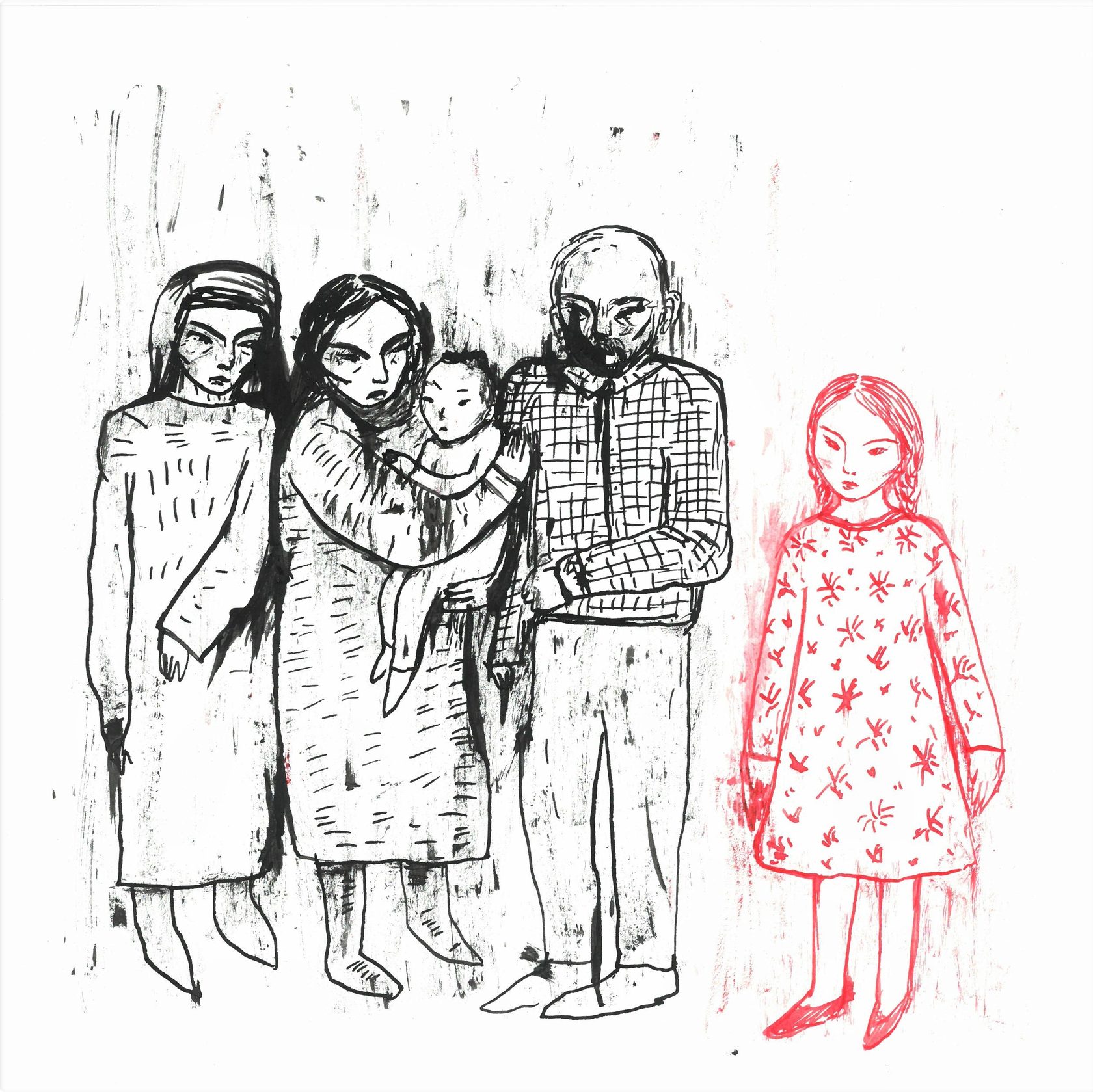 Тифлокомментарий. Цветной рисунок. На квадратном рисунке изображена семья, слева стоят две женщины, одна из них держит младенца на руках, и мужчина, все нарисованы черным контуром. Справа отдельно стоит девочка лет десяти, нарисована розовым контуром. Фигуры нарисованы жирными небрежными линиями, взрослые стоят прижавшись друг к другу, их лица будто нахмурены. Женщины с распущенными волосами, одеты в бесформенные длинные платья, мужчина — лысый, в клетчатой рубашке и брюках. Девочка одета в свободное платье до колен с крупным узором.