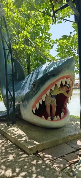 Ребёнок в пасти фигуры акулы как фотозона в парке Dream World